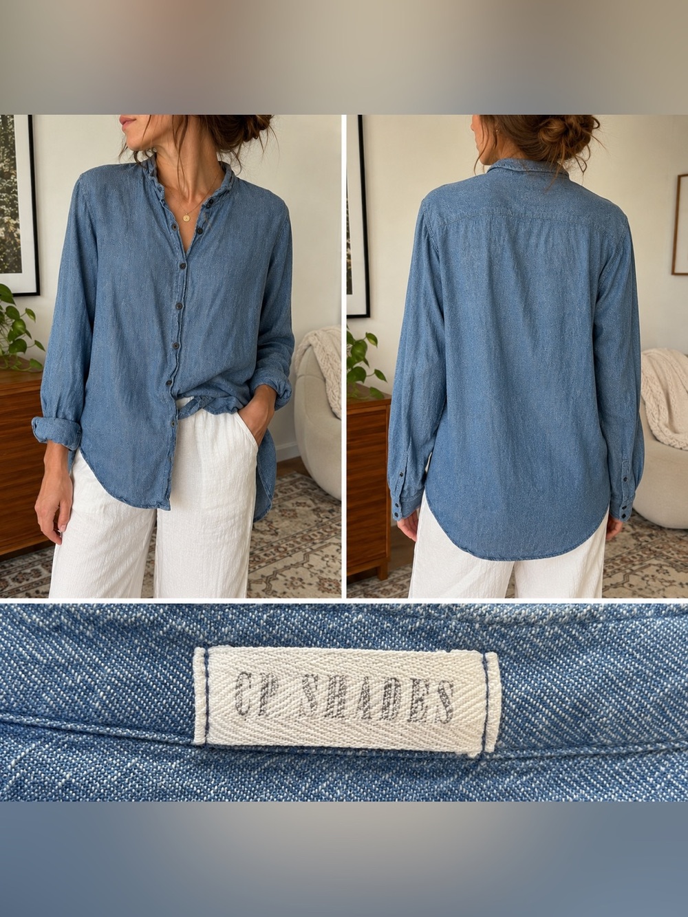 CP Shades Blue Linen Cotton Button Up Shirt Oversized L - Picture 3 of 6